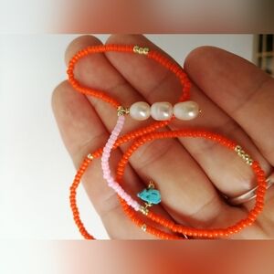 Orange and Pink Beaded Necklace with Pearls